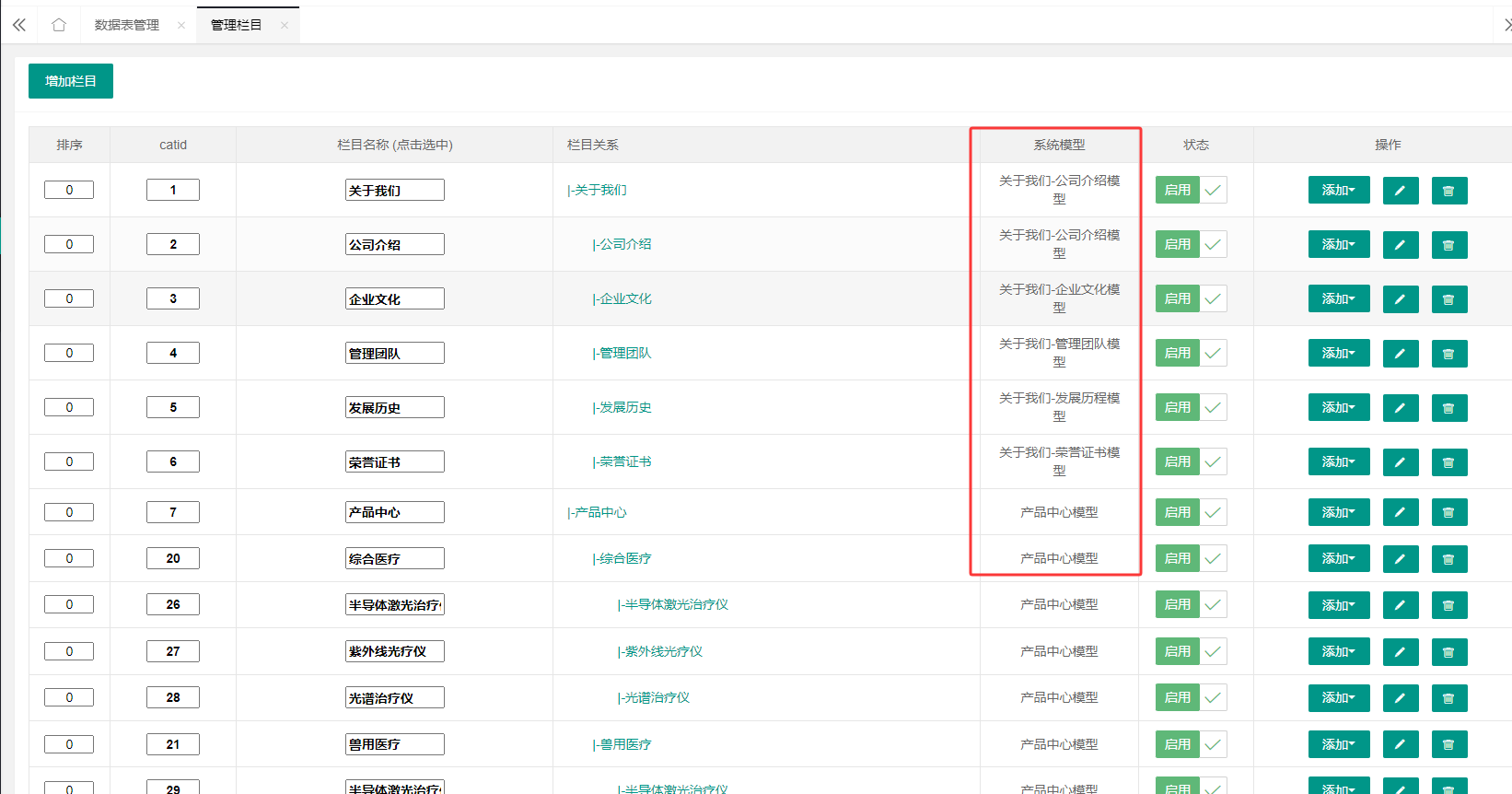 栏目列表显示对应的模型